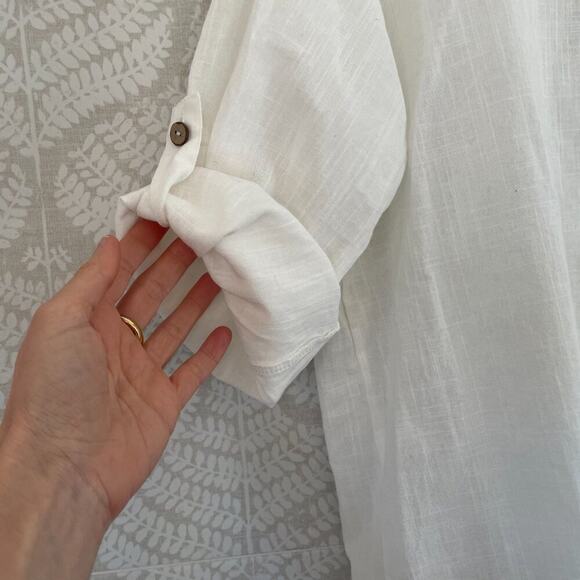 NWT Linen Blend White Roll Tab Sleeve Button V-Neck Pullover Tunic Cover-Up L - Picture 2 of 9